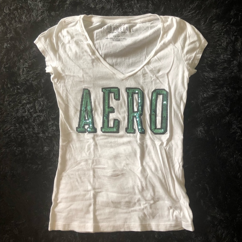 AEROPOSTALE TEAL SEQUIN FITTED V NECK T-SHIRT